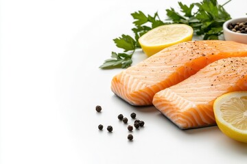 Close-up of fresh salmon fillet with visible texture and sprinkled black pepper, arranged next to lemon slices and herbs