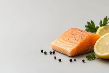 Close-up of fresh salmon fillet with visible texture and sprinkled black pepper, arranged next to lemon slices and herbs