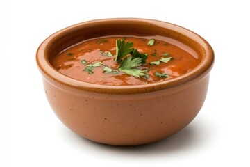 Close-up of tangy tomato salsa with visible seeds, herbs, and spices, served in a rustic ceramic dish with natural lighting