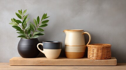 Fototapeta premium Fair trade, coffee and business, A minimalist arrangement featuring a green leafy plant in a black pot, a ceramic mug, a beige pitcher, and a woven basket on a wooden tray against a neutral wall.