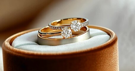 Elegant wedding rings with diamond engagement ring set inside a velvet ring box suggesting romance and commitment