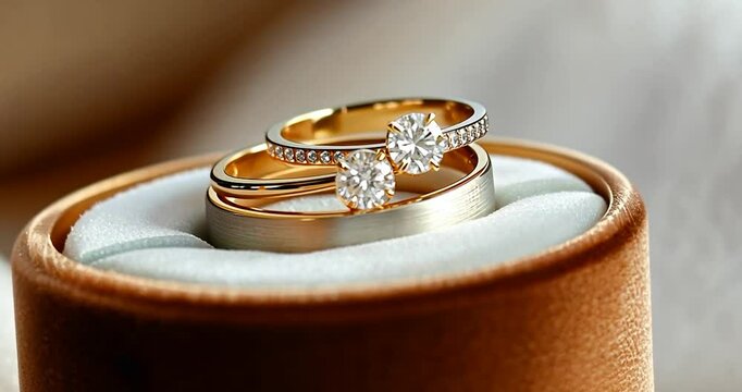 Elegant wedding rings with diamond engagement ring set inside a velvet ring box suggesting romance and commitment