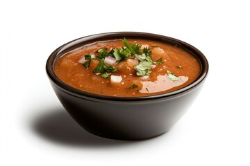 Freshly made sour tomato salsa with visible tomato chunks, diced onions, and herbs in a clear glass bowl,