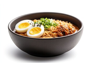 Korean instant noodles in a rustic bowl with a spicy red broth, soft-boiled egg halves floating, and a side of kimchi in a small dish