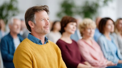 Fair trade, coffee and business, A focused middle-aged man in a mustard sweater listens attentively during a group seminar or workshop.