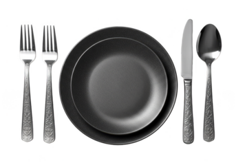 Isolated Image of Elegant Black Plate with Silver Cutlery Set Table Setting