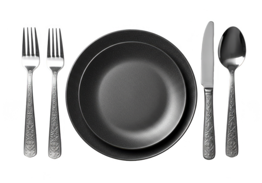 Isolated Image of Elegant Black Plate with Silver Cutlery Set Table Setting