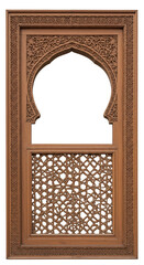 Isolated Background of Carved Wooden Arch Window Frame with Transparent Design