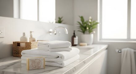 Fototapeta premium A bright bathroom scene featuring stacked white towels and various bathroom accessories on a marble counter
