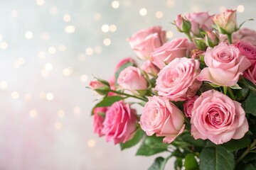 Obraz premium Pink rose flowers frame, blooming pastel festive background, soft pink bouquet floral card, selective focus 