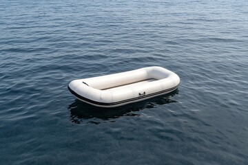 Realistic close-up of a white rubber dinghy drifting motionless on serene deep blue lake water isolated on white background