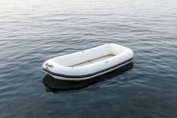 Realistic close-up of a white rubber dinghy drifting motionless on serene deep blue lake water isolated on white background