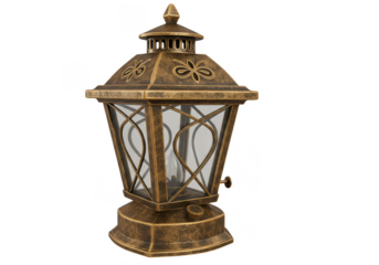 Isolated Gold Metal Lantern with Glass Panels on Transparent Background