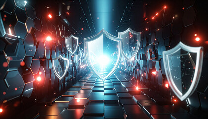 Floating Firewall Shields in Data Labyrinth. Artificial Intelligence concept. Generated Image