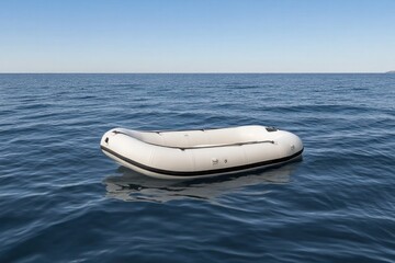Realistic close-up of a white rubber dinghy drifting motionless on serene deep blue lake water isolated on white background
