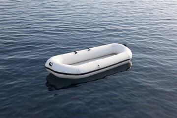 Realistic close-up of a white rubber dinghy drifting motionless on serene deep blue lake water isolated on white background