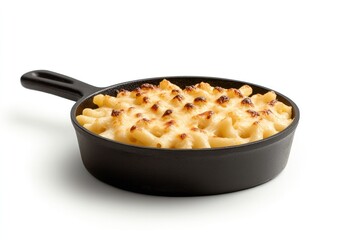 Realistic high-resolution shot of baked macaroni and cheese with a crispy golden topping in a cast iron skillet