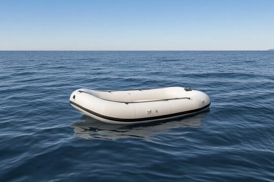 Realistic close-up of a white rubber dinghy drifting motionless on serene deep blue lake water isolated on white background
