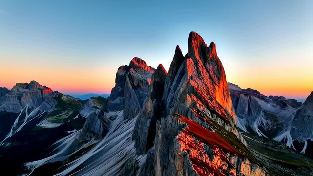 Breathtaking Seceda Ridgeline Peaks Bathed in Golden Sunrise Light at Dawn