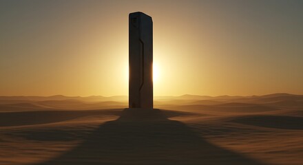 Abstract monolith in desert landscape at sunset or sunrise with warm light