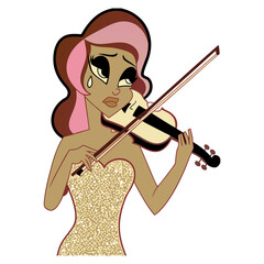 A crying animated woman with pink-streaked hair plays a violin, wearing a sparkling dress, symbolizing sadness, melancholic music, or emotional performance.
