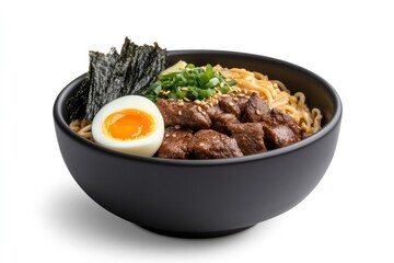 Side angle shot of a rich, flavorful bowl of Korean noodles topped with boiled egg halves, seaweed strips
