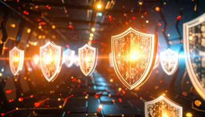 Floating Firewall Shields in Data Labyrinth. Artificial Intelligence concept. Generated Image