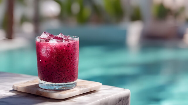 Refreshing red beverage with ice and seeds, poolside relaxation, summer drink on marble table.