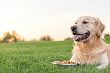 Smiling golden retriever mid-chew with front paws near its bowl filled with dry dog food looking content isolated on white background