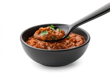 Spoon scooping sour tomato salsa from a bowl, showcasing the chunky consistency and vibrant red tones