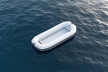 Top view of a white rubber boat resting still on smooth blue sea surface with gentle ripples isolated on white background