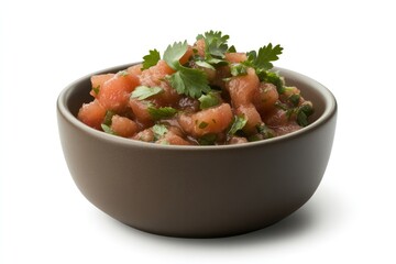 Top view of sour tomato salsa garnished with cilantro leaves, highlighting the glossy surface and fresh ingredients