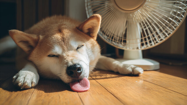 Shiba Inu cooling off in front of a fan