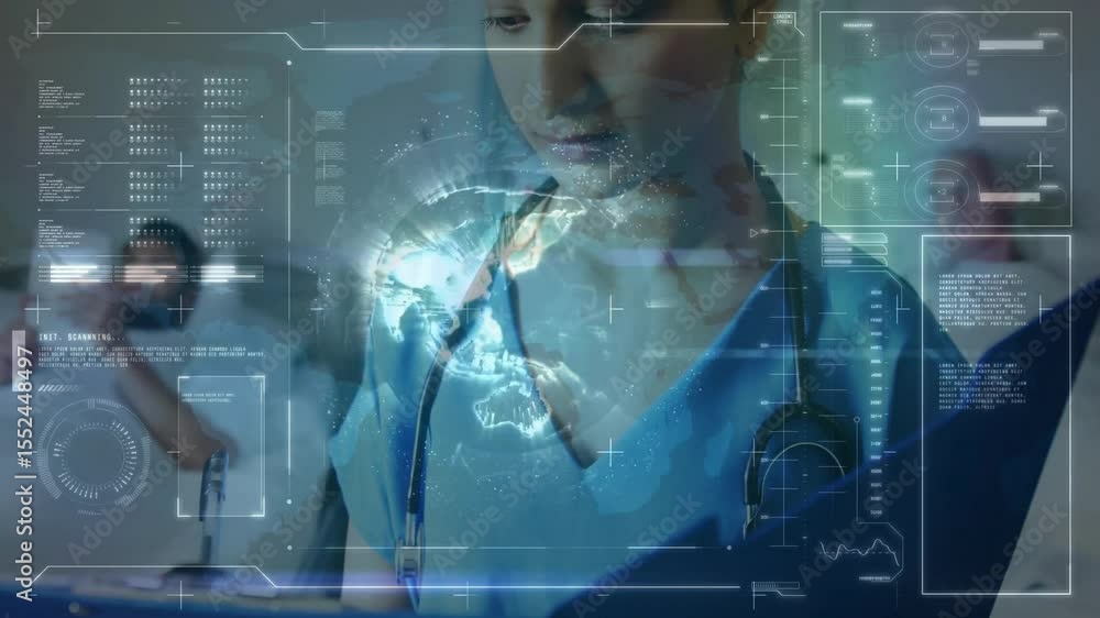 Poster health worker lifting tablet activating 3d globe hologram and displaying vitals for health check
