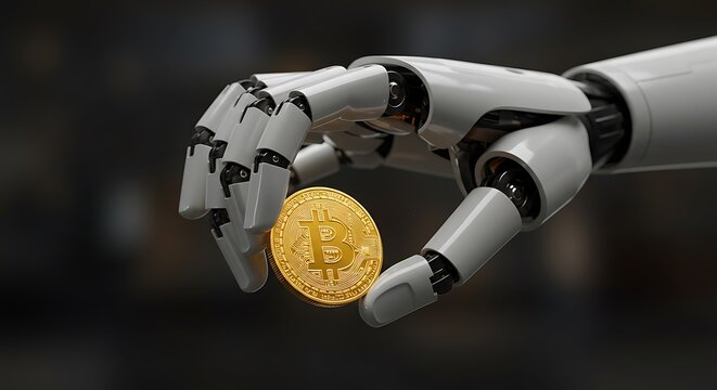 Robotic arm holding golden cryptocurrency token represents modern finance