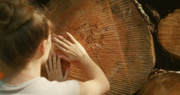 Woman gently touches the rings of a large tree stump in a German forest reflecting on its history
