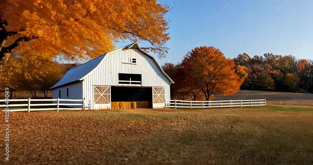 Poster scenic video of a generic structure and fence on a fall day with vibrant autumn colors and a clear b