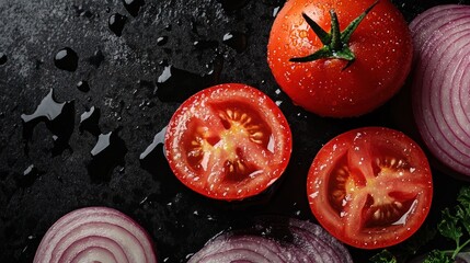 Freshly cut tomatoes and red onions on a dark surface.