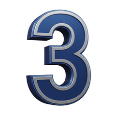 Fototapeta premium Isolated 3D Blue Metallic Number Three Illustration on Transparent Backdrop