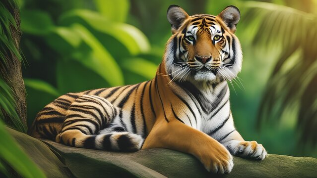 Beautiful Bengal tiger camouflaged in a green forest landscape filled with dense plants and wildlife