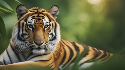 Obraz premium Powerful Bengal tiger blending into thick jungle vegetation under natural daylight in its native habitat
