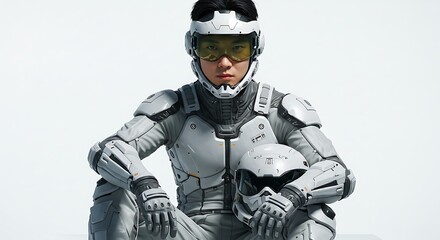 Person in futuristic spacesuit with helmet technology science fiction