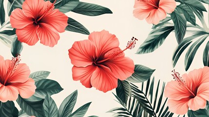 Fototapeta premium Vibrant hibiscus flowers and lush leaves create a tropical floral pattern.