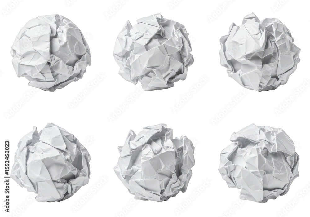 Fototapete Isolated 3D Rendering of Crumpled White Paper Balls with Transparent Background