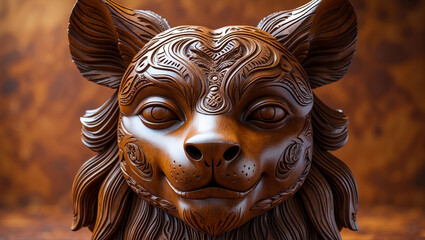 Intricately carved wooden lion face displayed against a blurred dark abstract, handcrafted wooden lion sculpture with detailed facial features set on a moody blurred background.