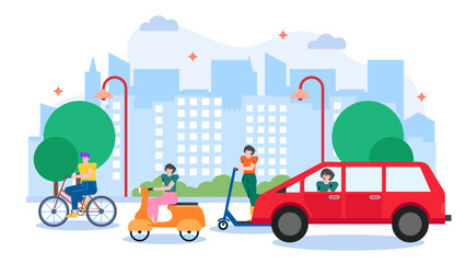 People on bicycles, scooters, and buses in a bustling city, depicting urban transportation. Suitable for city life and transit concepts.