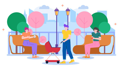 Three people enjoying the leisurely atmosphere of a city park, perfect for lifestyle, relaxation, outdoor activities, friendship, and urban scenes.