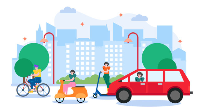 People on bicycles, scooters, and buses in a bustling city, depicting urban transportation. Suitable for city life and transit concepts.