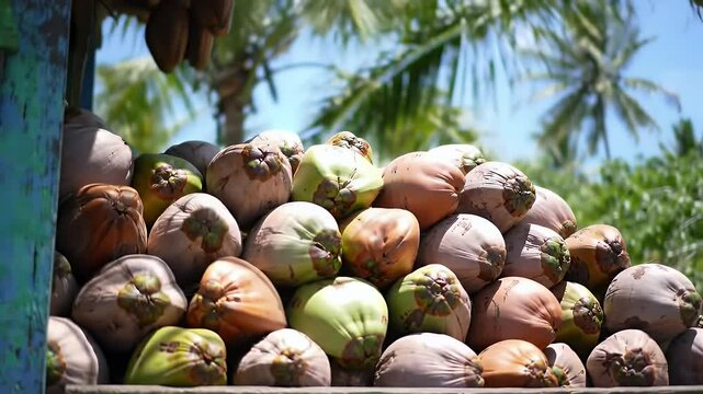 Close up of a pile of coconuts in a vibrant tropical setting