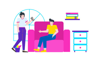 Woman showing a man a phone on a pink chair perfect for illustrating modern communication, technology, relationships, and leisure.